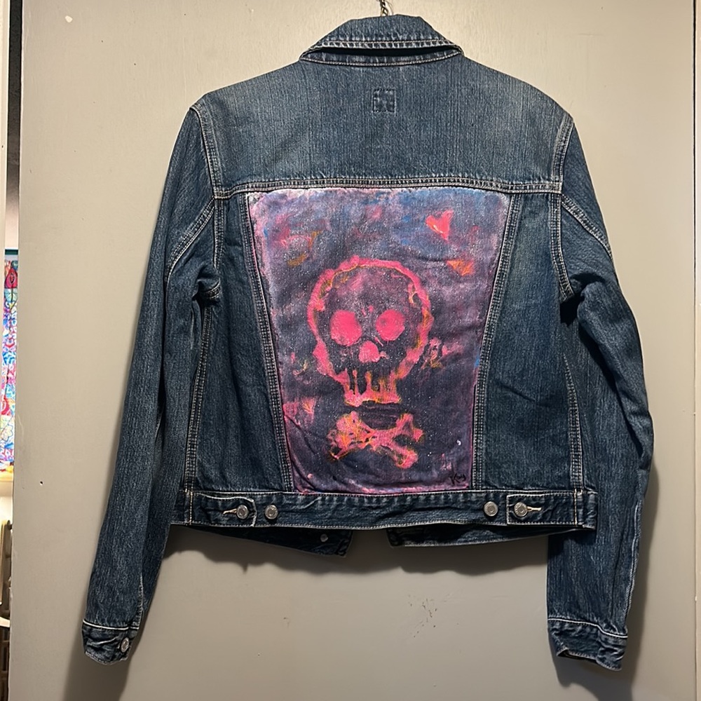 Handpainted custom design, jean jacket Painted by Kay One of a kind biker jacket